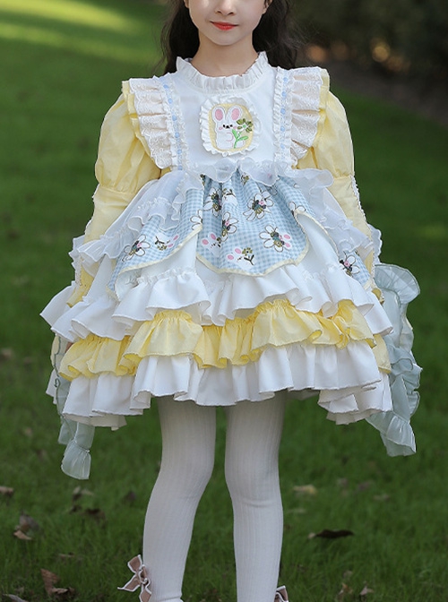 Rabbit Embroidery Plaid Printing Yellow White Fresh Multi-Layer Hem Design Cute Classic Lolita Kids Long Sleeve Dress