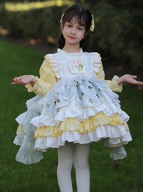 Rabbit Embroidery Plaid Printing Yellow White Fresh Multi-Layer Hem Design Cute Classic Lolita Kids Long Sleeve Dress