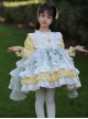 Rabbit Embroidery Plaid Printing Yellow White Fresh Multi-Layer Hem Design Cute Classic Lolita Kids Long Sleeve Dress