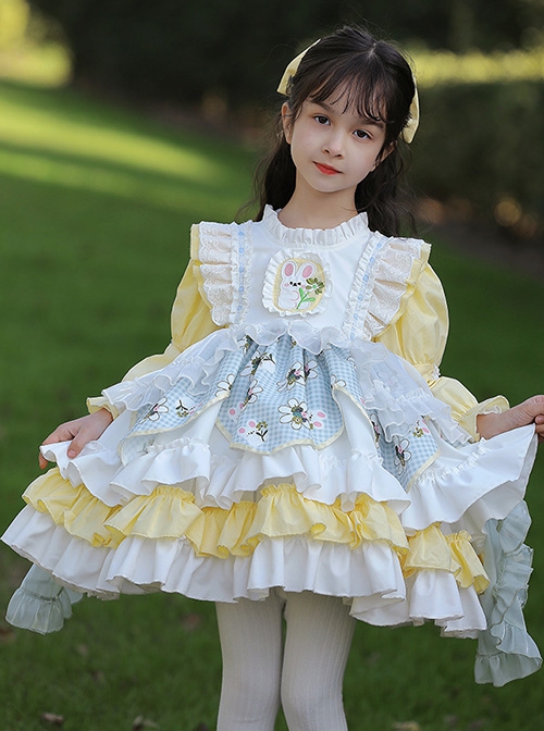 Rabbit Embroidery Plaid Printing Yellow White Fresh Multi-Layer Hem Design Cute Classic Lolita Kids Long Sleeve Dress