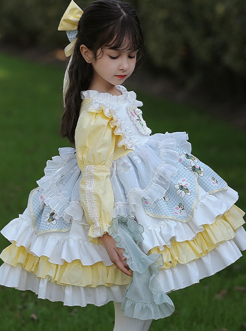 Rabbit Embroidery Plaid Printing Yellow White Fresh Multi-Layer Hem Design Cute Classic Lolita Kids Long Sleeve Dress