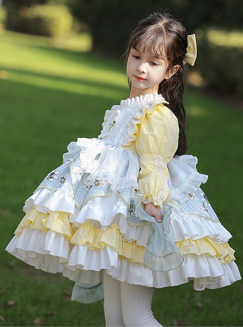 Rabbit Embroidery Plaid Printing Yellow White Fresh Multi-Layer Hem Design Cute Classic Lolita Kids Long Sleeve Dress