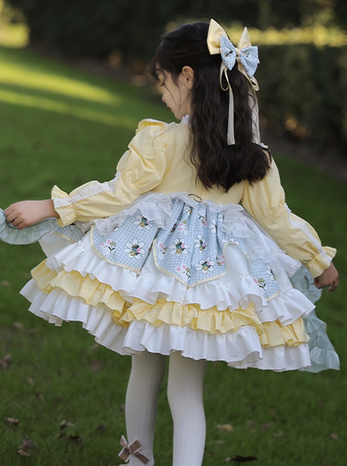 Rabbit Embroidery Plaid Printing Yellow White Fresh Multi-Layer Hem Design Cute Classic Lolita Kids Long Sleeve Dress