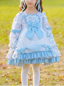 Pastoral Style Blue Floral Mosaic Lantern Sleeve Love Bow-Knot Decoration Spring Autumn Classic Lolita Kids Long-Sleeved Dress