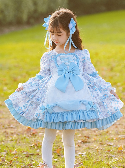 Pastoral Style Blue Floral Mosaic Lantern Sleeve Love Bow-Knot Decoration Spring Autumn Classic Lolita Kids Long-Sleeved Dress