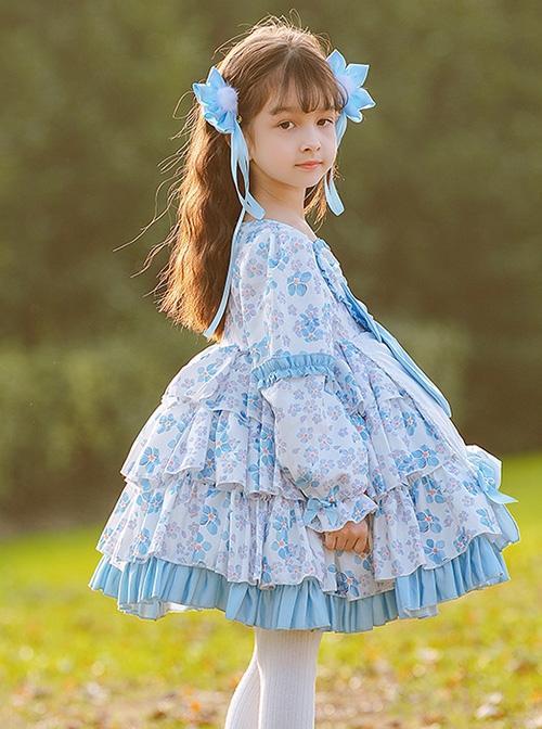 Pastoral Style Blue Floral Mosaic Lantern Sleeve Love Bow-Knot Decoration Spring Autumn Classic Lolita Kids Long-Sleeved Dress