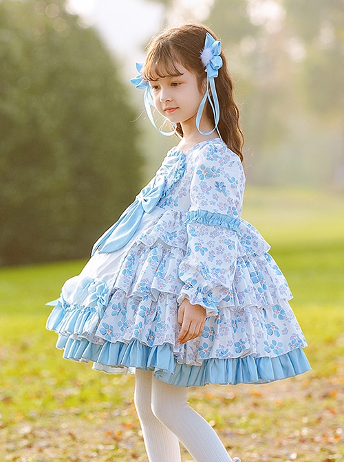 Pastoral Style Blue Floral Mosaic Lantern Sleeve Love Bow-Knot Decoration Spring Autumn Classic Lolita Kids Long-Sleeved Dress