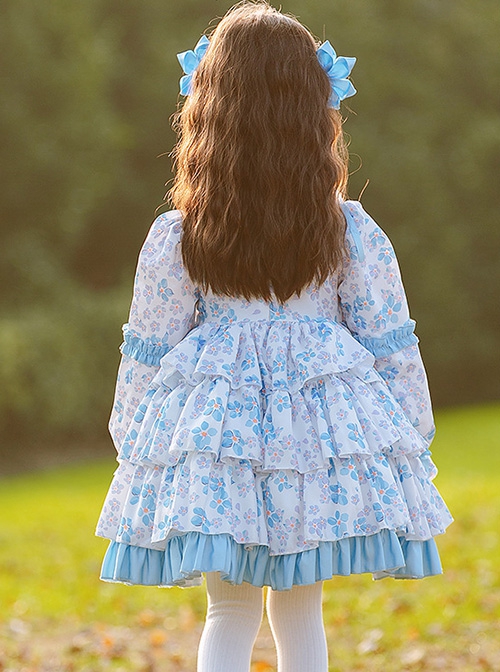 Pastoral Style Blue Floral Mosaic Lantern Sleeve Love Bow-Knot Decoration Spring Autumn Classic Lolita Kids Long-Sleeved Dress