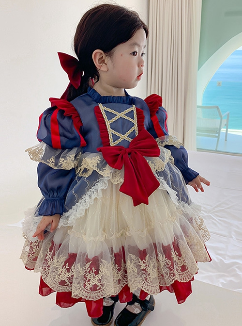 Vintage Palace Lace Puff Sleeve Ornate Bow-Knot Decoration Classic Lolita Kids Long Sleeve Dress