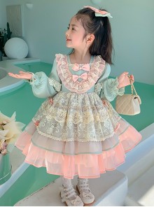 Elegant Square Neck Lace Fairy Sweet Lolita Stitching Lantern Sleeve Kids Long-Sleeve Dress