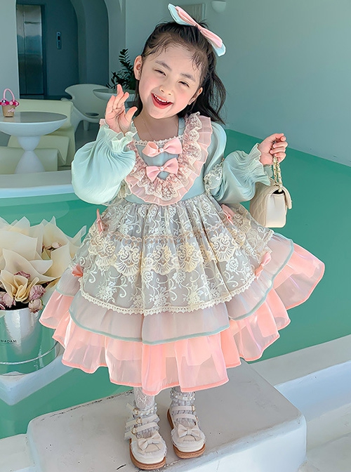 Elegant Square Neck Lace Fairy Sweet Lolita Stitching Lantern Sleeve Kids Long-Sleeve Dress