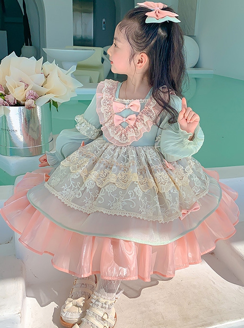 Elegant Square Neck Lace Fairy Sweet Lolita Stitching Lantern Sleeve Kids Long-Sleeve Dress