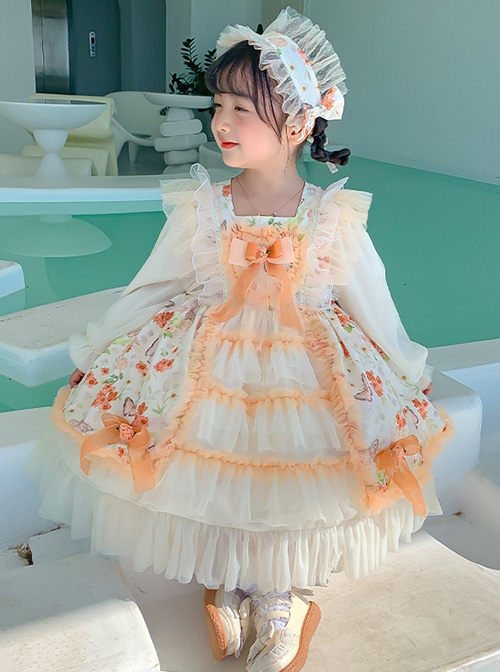 Yellow Sweet Flower Print Spring Lace Lantern Sleeve Sweet Lolita Kids Long Sleeve Dress