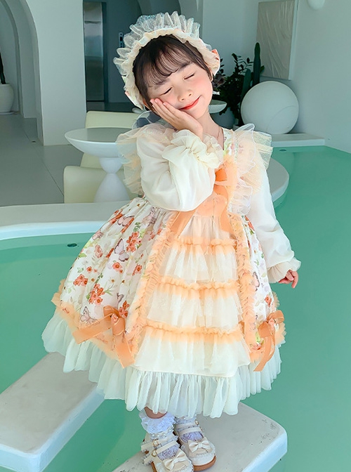 Yellow Sweet Flower Print Spring Lace Lantern Sleeve Sweet Lolita Kids Long Sleeve Dress