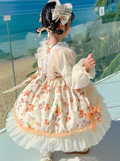 Yellow Sweet Flower Print Spring Lace Lantern Sleeve Sweet Lolita Kids Long Sleeve Dress