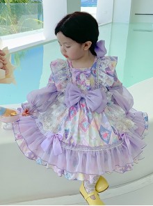 Candy Star Print Sweet Gorgeous Bow-Knot Lace Puff Sleeves Sweet Lolita Kids Long Sleeve Dress