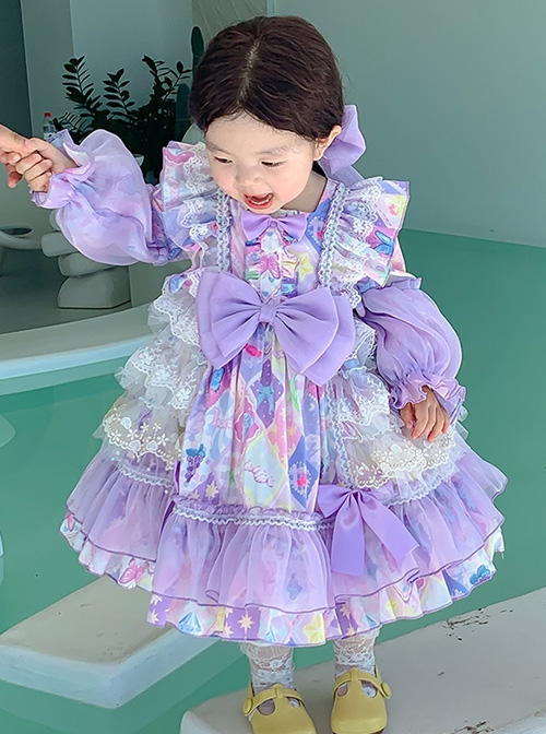 Candy Star Print Sweet Gorgeous Bow-Knot Lace Puff Sleeves Sweet Lolita Kids Long Sleeve Dress