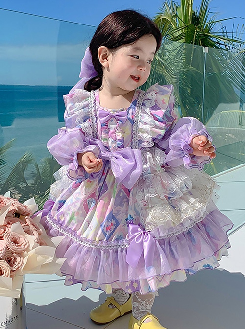 Candy Star Print Sweet Gorgeous Bow-Knot Lace Puff Sleeves Sweet Lolita Kids Long Sleeve Dress