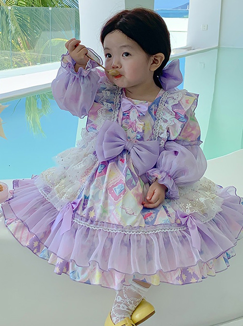 Candy Star Print Sweet Gorgeous Bow-Knot Lace Puff Sleeves Sweet Lolita Kids Long Sleeve Dress