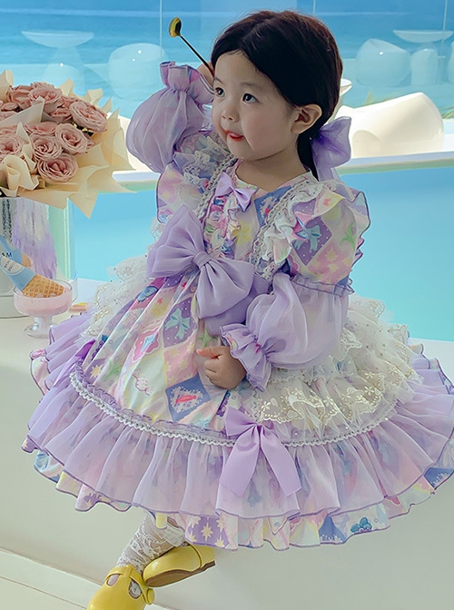 Candy Star Print Sweet Gorgeous Bow-Knot Lace Puff Sleeves Sweet Lolita Kids Long Sleeve Dress