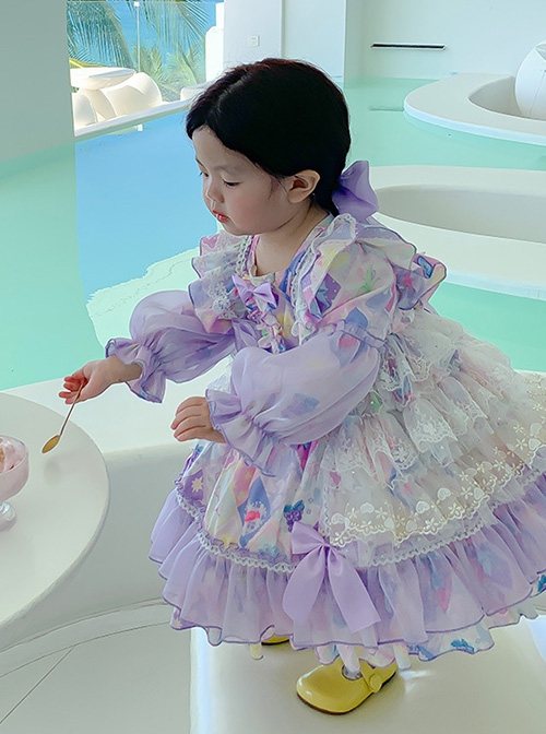 Candy Star Print Sweet Gorgeous Bow-Knot Lace Puff Sleeves Sweet Lolita Kids Long Sleeve Dress