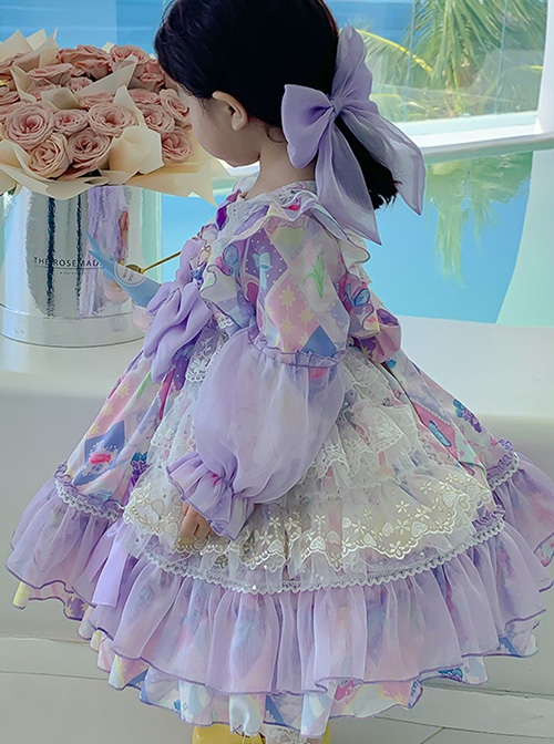 Candy Star Print Sweet Gorgeous Bow-Knot Lace Puff Sleeves Sweet Lolita Kids Long Sleeve Dress