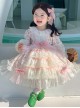 Sweet Lovely Floral Spring Autumn Stitching Lantern Sleeve Striped Bowknot Lace Decoration Sweet Lolita Kids Long-Sleeved Dress