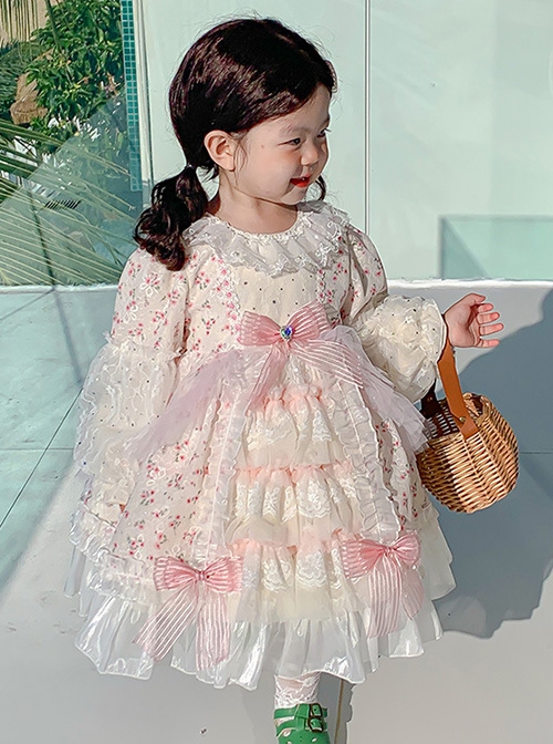 Sweet Lovely Floral Spring Autumn Stitching Lantern Sleeve Striped Bowknot Lace Decoration Sweet Lolita Kids Long-Sleeved Dress