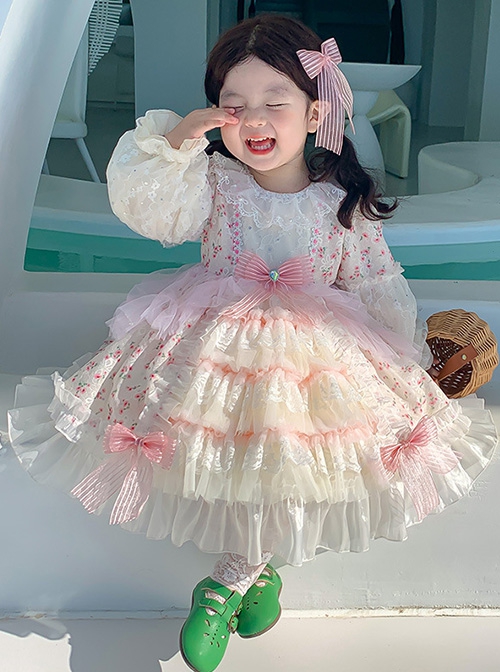 Sweet Lovely Floral Spring Autumn Stitching Lantern Sleeve Striped Bowknot Lace Decoration Sweet Lolita Kids Long-Sleeved Dress