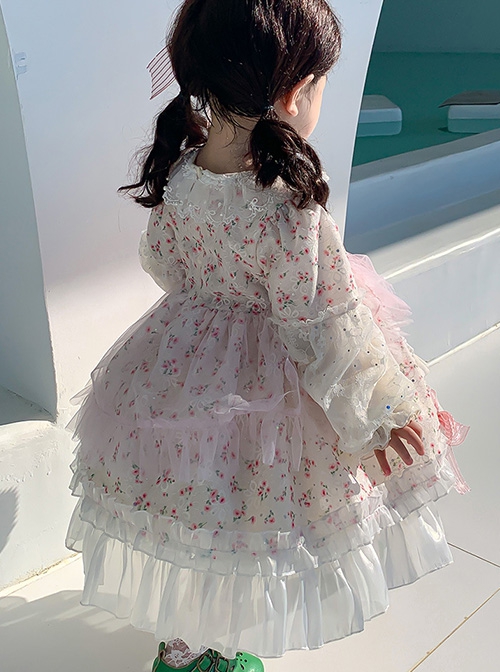 Sweet Lovely Floral Spring Autumn Stitching Lantern Sleeve Striped Bowknot Lace Decoration Sweet Lolita Kids Long-Sleeved Dress