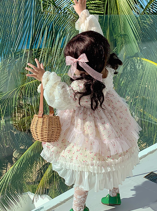 Sweet Lovely Floral Spring Autumn Stitching Lantern Sleeve Striped Bowknot Lace Decoration Sweet Lolita Kids Long-Sleeved Dress