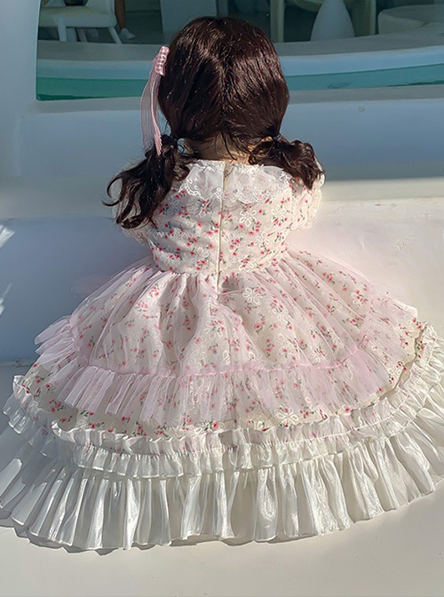 Sweet Lovely Floral Spring Autumn Stitching Lantern Sleeve Striped Bowknot Lace Decoration Sweet Lolita Kids Long-Sleeved Dress