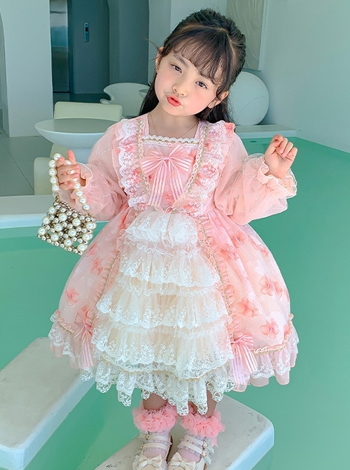 Flower Print Stripe Bow-Knot Decoration White Lace Sweet Lolita Kids Long Sleeve Dress
