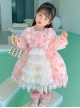 Flower Print Stripe Bow-Knot Decoration White Lace Sweet Lolita Kids Long Sleeve Dress