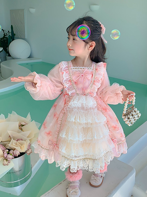 Flower Print Stripe Bow-Knot Decoration White Lace Sweet Lolita Kids Long Sleeve Dress