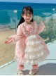 Flower Print Stripe Bow-Knot Decoration White Lace Sweet Lolita Kids Long Sleeve Dress