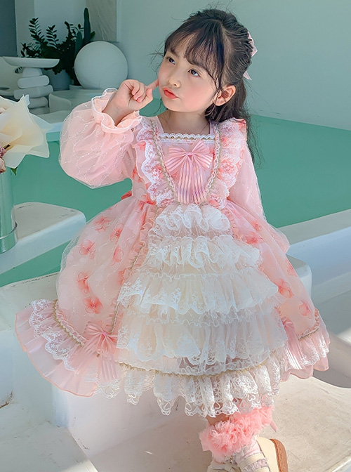 Flower Print Stripe Bow-Knot Decoration White Lace Sweet Lolita Kids Long Sleeve Dress