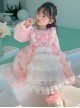 Flower Print Stripe Bow-Knot Decoration White Lace Sweet Lolita Kids Long Sleeve Dress