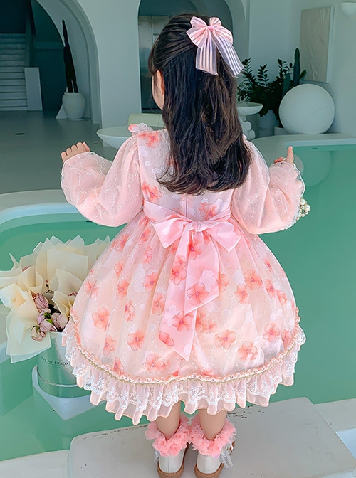 Flower Print Stripe Bow-Knot Decoration White Lace Sweet Lolita Kids Long Sleeve Dress