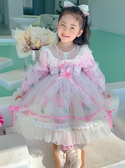 Pink Sweet Translucent Lace Round Neck Flower Decoration Sweet Lolita Kids Long Sleeve Dress
