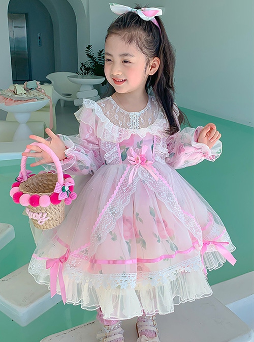 Pink Sweet Translucent Lace Round Neck Flower Decoration Sweet Lolita Kids Long Sleeve Dress