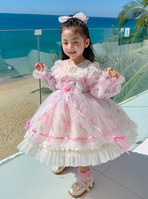 Pink Sweet Translucent Lace Round Neck Flower Decoration Sweet Lolita Kids Long Sleeve Dress