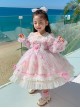 Pink Sweet Translucent Lace Round Neck Flower Decoration Sweet Lolita Kids Long Sleeve Dress