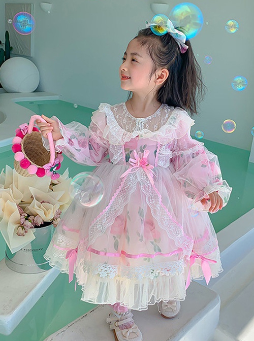 Pink Sweet Translucent Lace Round Neck Flower Decoration Sweet Lolita Kids Long Sleeve Dress