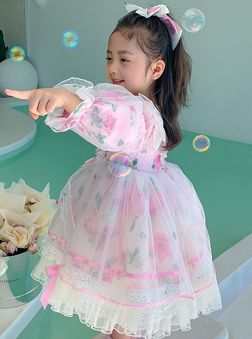 Pink Sweet Translucent Lace Round Neck Flower Decoration Sweet Lolita Kids Long Sleeve Dress