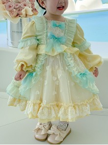 Blue Bow-Knot Decoration Sweet Lolita Love Mesh Lace Ruffle Hem Kids Long Sleeve Dress