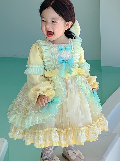 Blue Bow-Knot Decoration Sweet Lolita Love Mesh Lace Ruffle Hem Kids Long Sleeve Dress