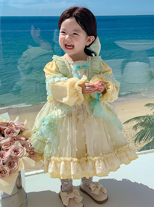 Blue Bow-Knot Decoration Sweet Lolita Love Mesh Lace Ruffle Hem Kids Long Sleeve Dress