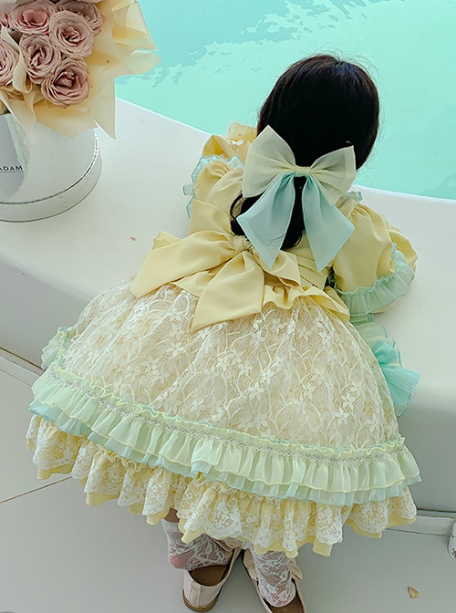 Blue Bow-Knot Decoration Sweet Lolita Love Mesh Lace Ruffle Hem Kids Long Sleeve Dress