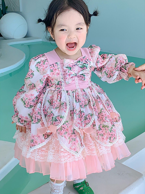 Spring Sweet Lolita Floral Lantern Sleeve Petal Lace Ruffle Hem Kids Long Sleeve Dress